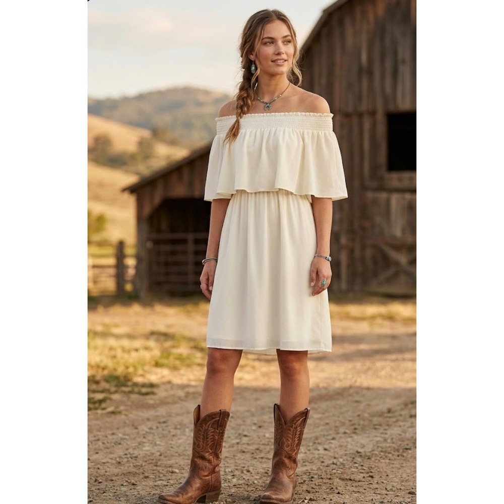 Wrangler Dress Women Small Western Boho Smocked Cream Off The Shoulder Ruffle